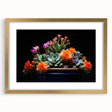 Botanical wall art design featuring a vibrant cactus illustration in a gold frame with a white mat, ideal for enhancing home decor with a natural aesthetic.