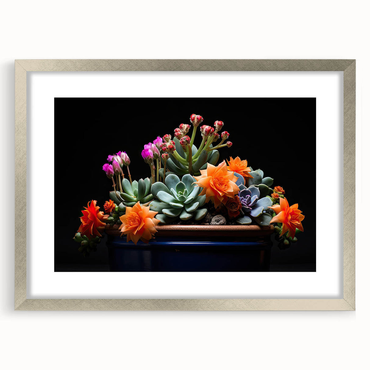 Botanical wall art featuring a detailed cactus design in a silver frame with a mat, perfect for home decor. Ideal for nature enthusiasts and modern interiors.