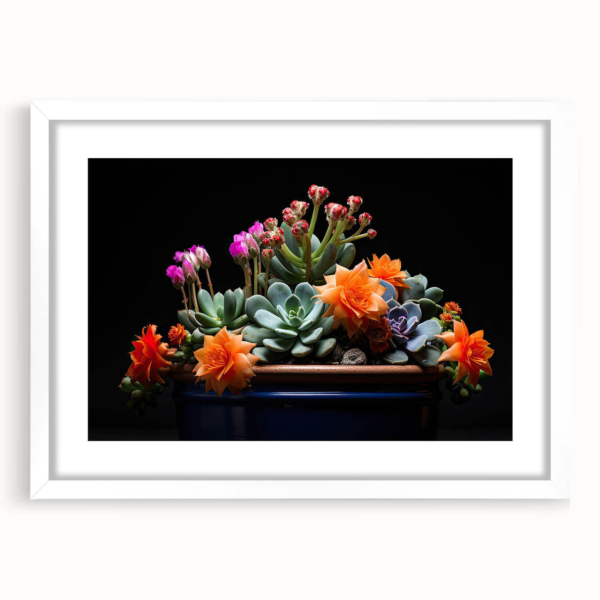 Botanical wall art featuring a vibrant cactus design in a white frame with matting, displayed artistically against a neutral background, perfect for home decor.