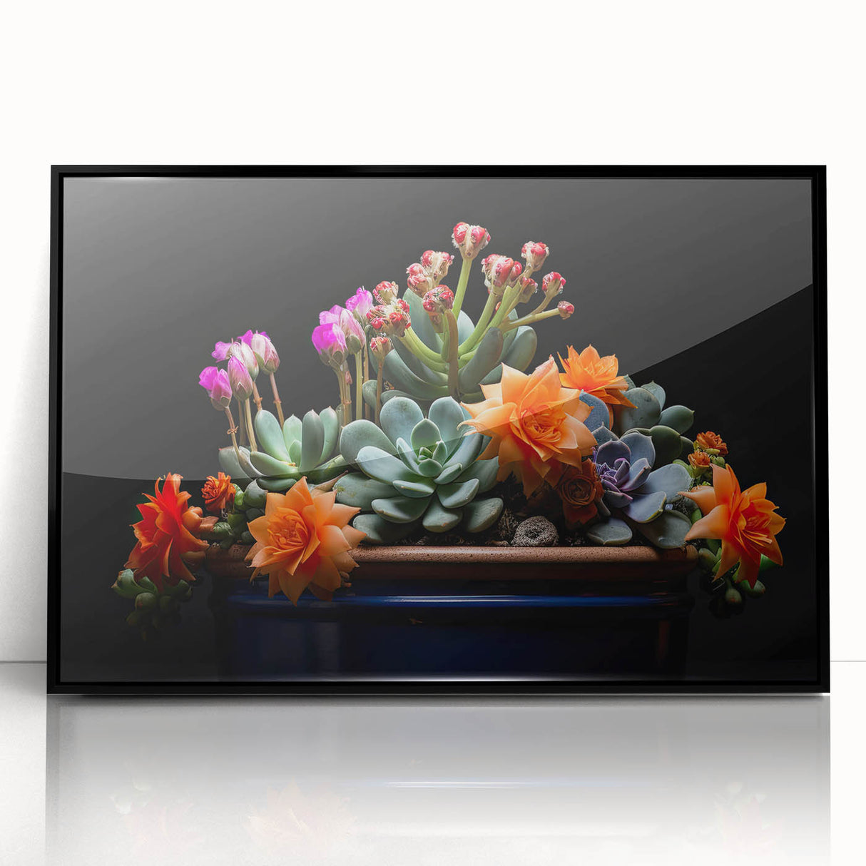 Framed wall art featuring a botanical cactus design in vibrant colors, set against a black background. Ideal for modern home decor or nature-themed interiors.