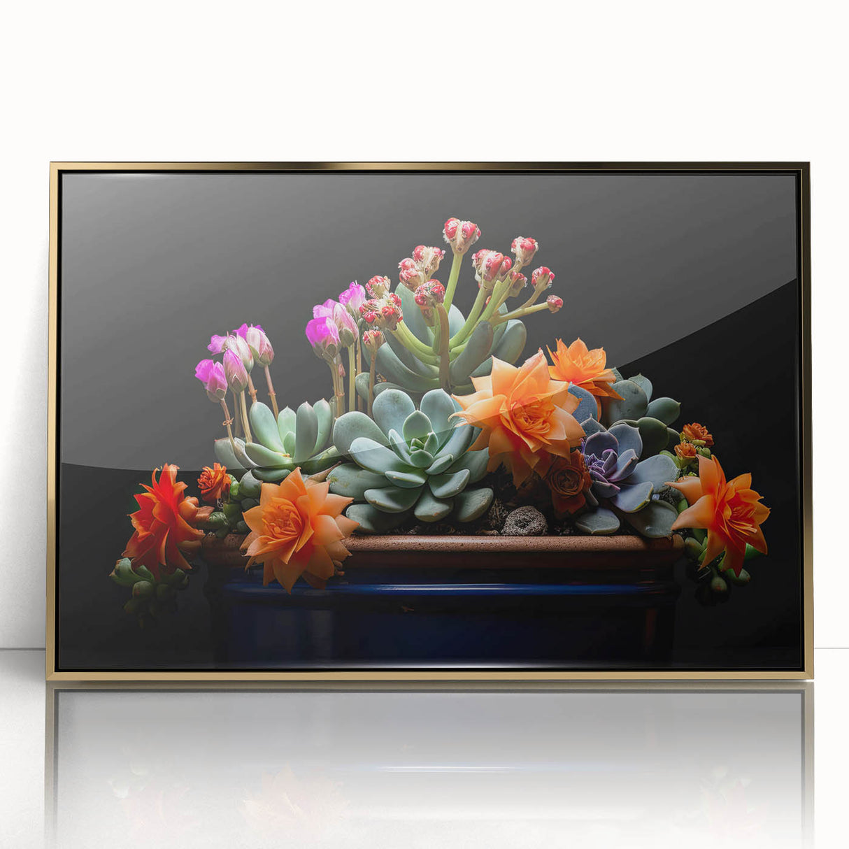 Framed wall art showcasing a botanical cactus design with vibrant green hues and elegant gold accents, perfect for modern home decor.