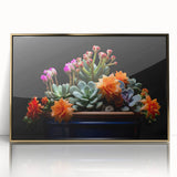 Framed wall art showcasing a botanical cactus design with vibrant green hues and elegant gold accents, perfect for modern home decor.