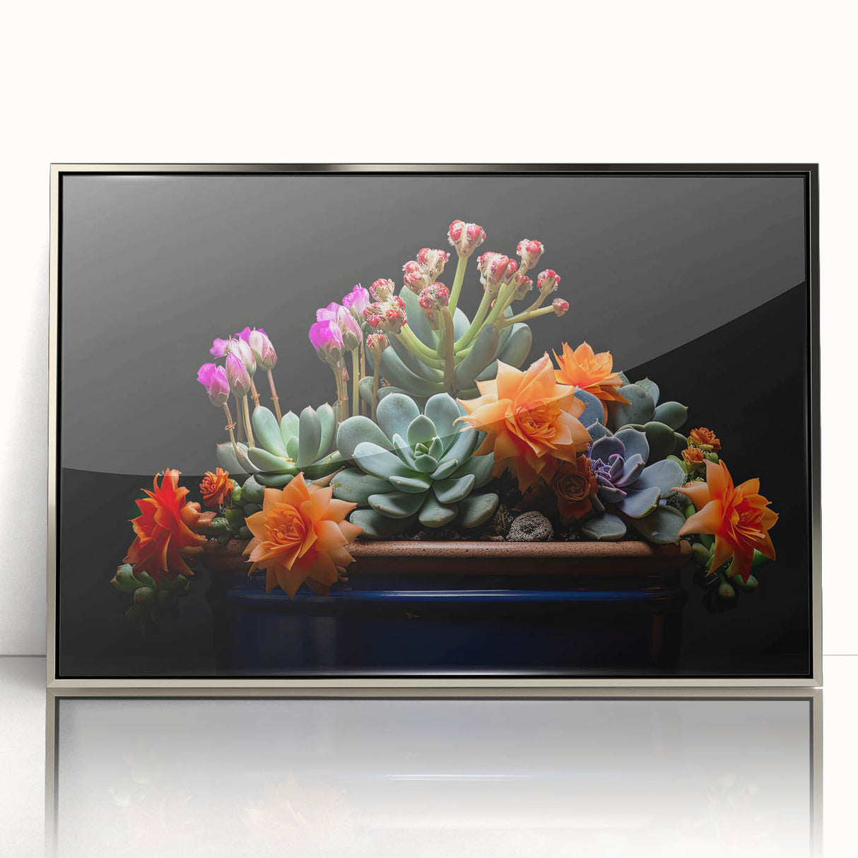 Framed wall art featuring a botanical cactus design in silver acrylic frame, showcasing vibrant green cacti against a neutral background, perfect for modern decor.