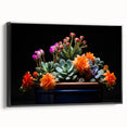 Framed canvas wall art featuring a botanical cactus design, showcasing intricate details and vibrant colors, displayed from a black side view against a neutral background.