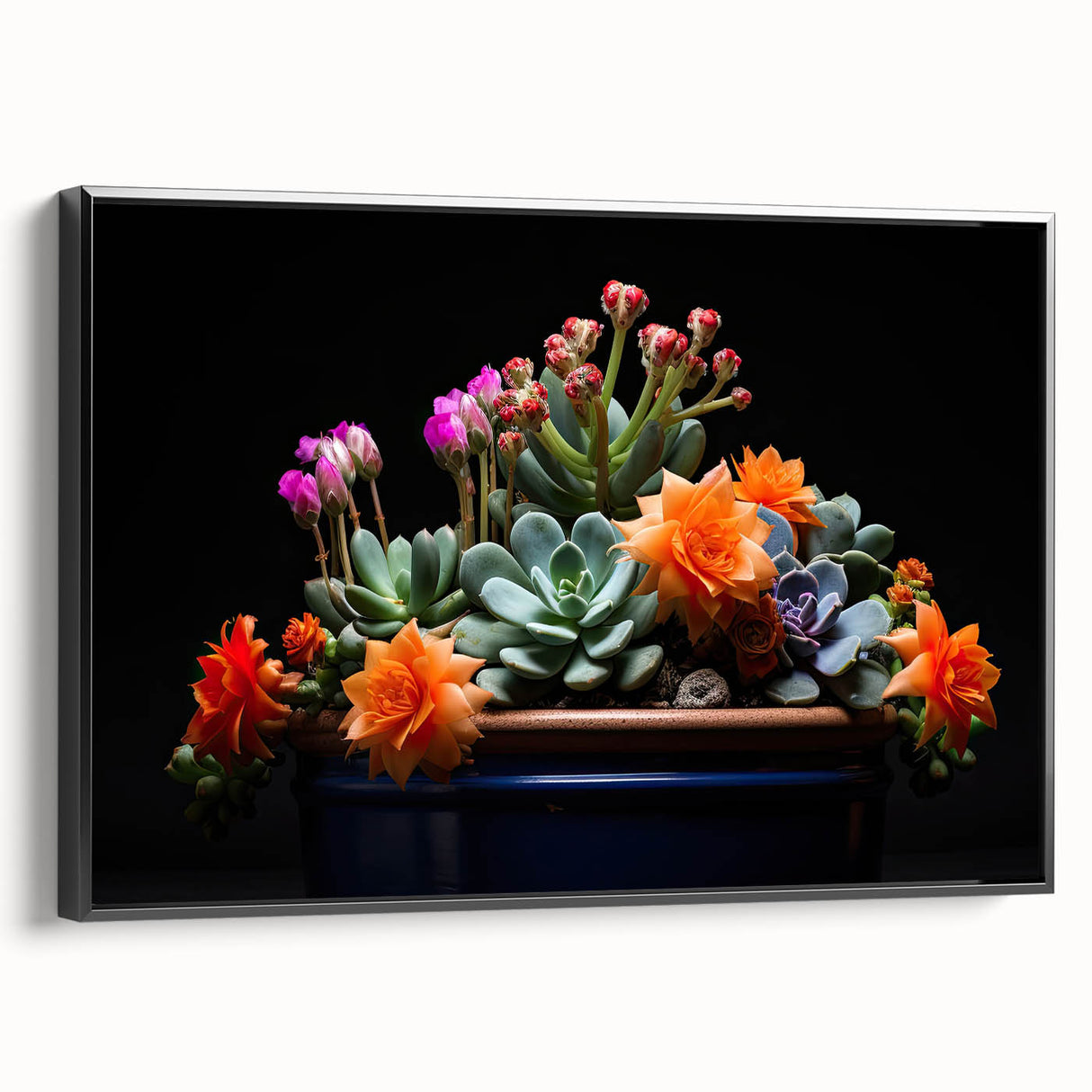 Framed canvas wall art featuring a botanical cactus design, showcasing intricate details and vibrant colors, displayed from a black side view against a neutral background.