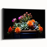 Framed canvas wall art featuring a botanical cactus design, showcasing intricate details and vibrant colors, displayed from a black side view against a neutral background.