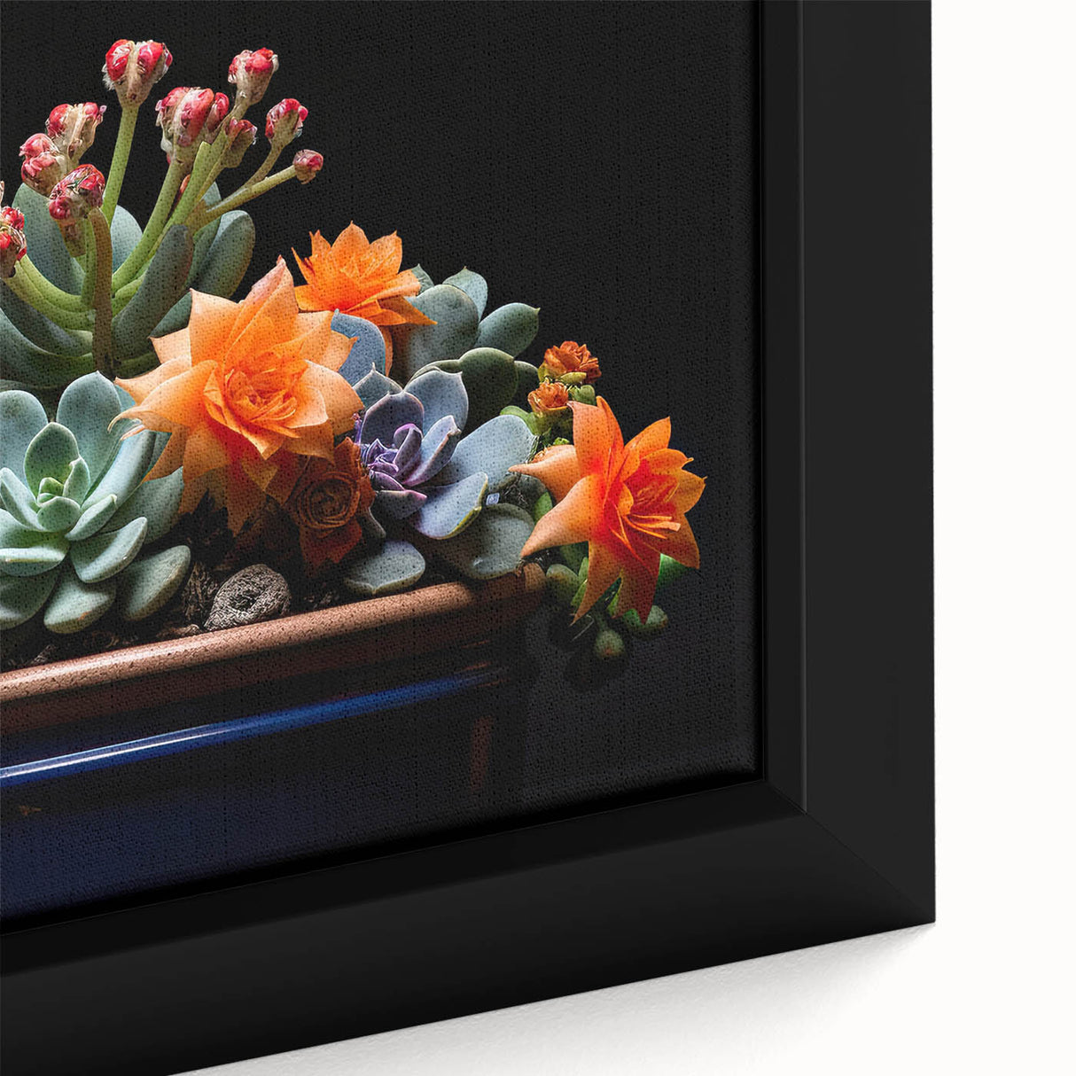 Close-up of a framed botanical wall art piece showcasing colorful cacti and flowers on a textured canvas, perfect for enhancing home decor with a vibrant touch.