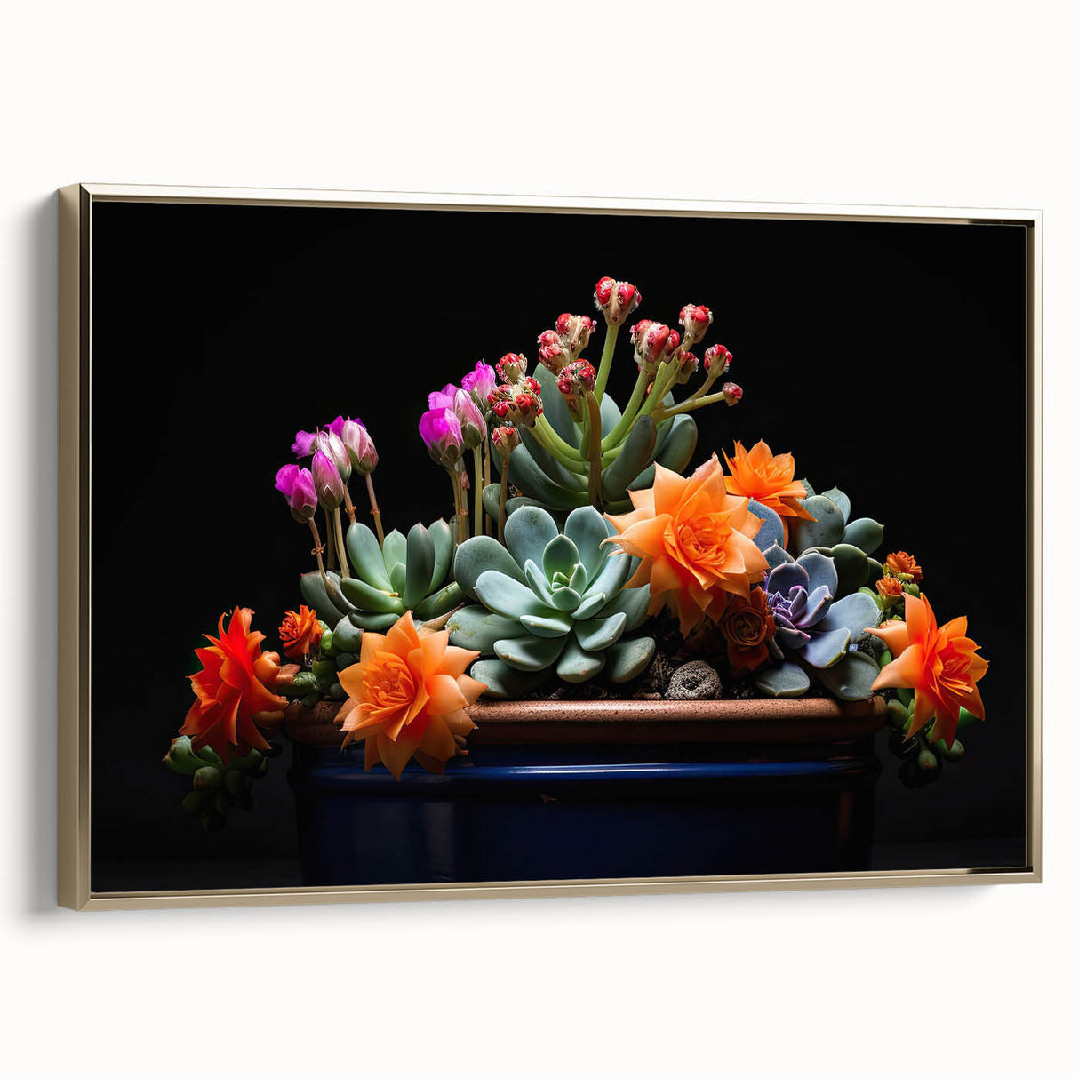 Framed botanical wall art featuring a vibrant cactus design, set against a gold background, perfect for modern decor. Ideal for enhancing interior aesthetics.