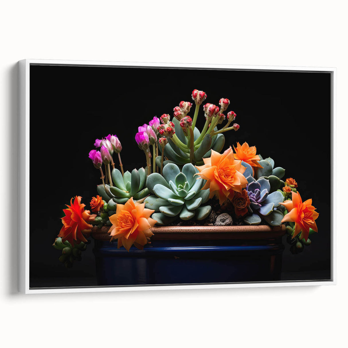Framed canvas wall art showcasing a botanical cactus design in vibrant greens and earthy tones, elegantly displayed from a side view against a white backdrop.