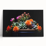 Stretched canvas wall art featuring a vibrant botanical cactus design, showcasing detailed textures and colors, perfect for adding a touch of nature to home decor.