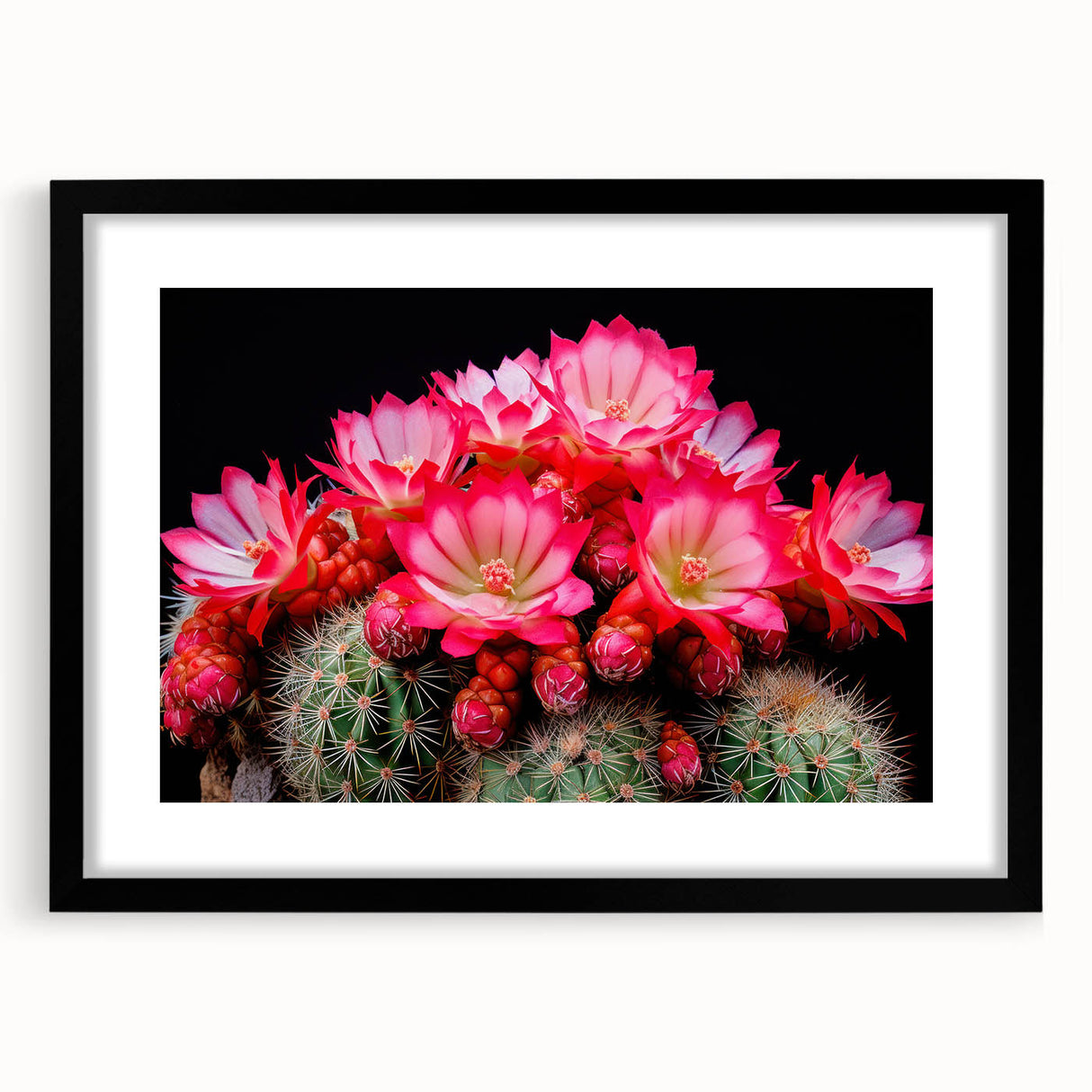 Botanical cactus wall art design featuring vibrant flowers in a black frame with a mat, perfect for modern home decor. Ideal for nature lovers and plant enthusiasts.
