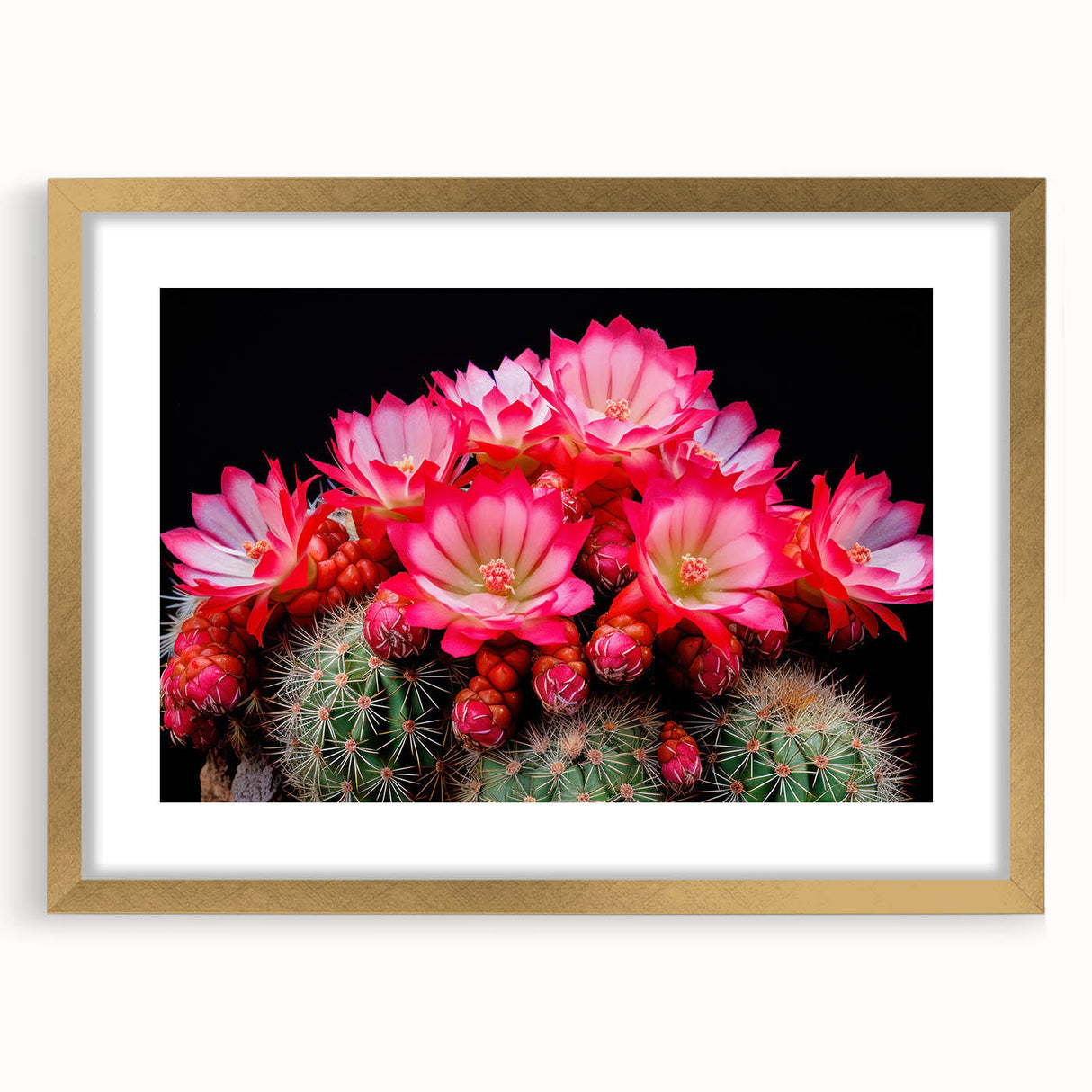Framed botanical wall art featuring a vibrant cactus design with a gold mat, perfect for home decor. Ideal for plant lovers and modern interior styling.