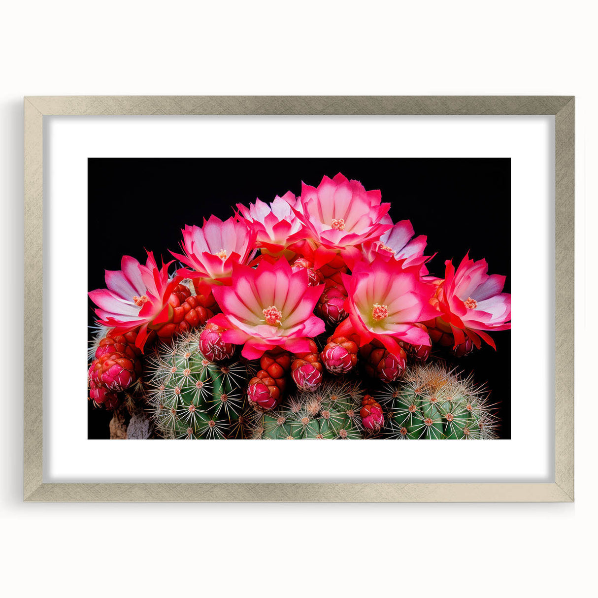 Botanical wall art featuring a stylish cactus design in a sleek silver frame with a white mat, perfect for modern home decor and nature-inspired aesthetics.