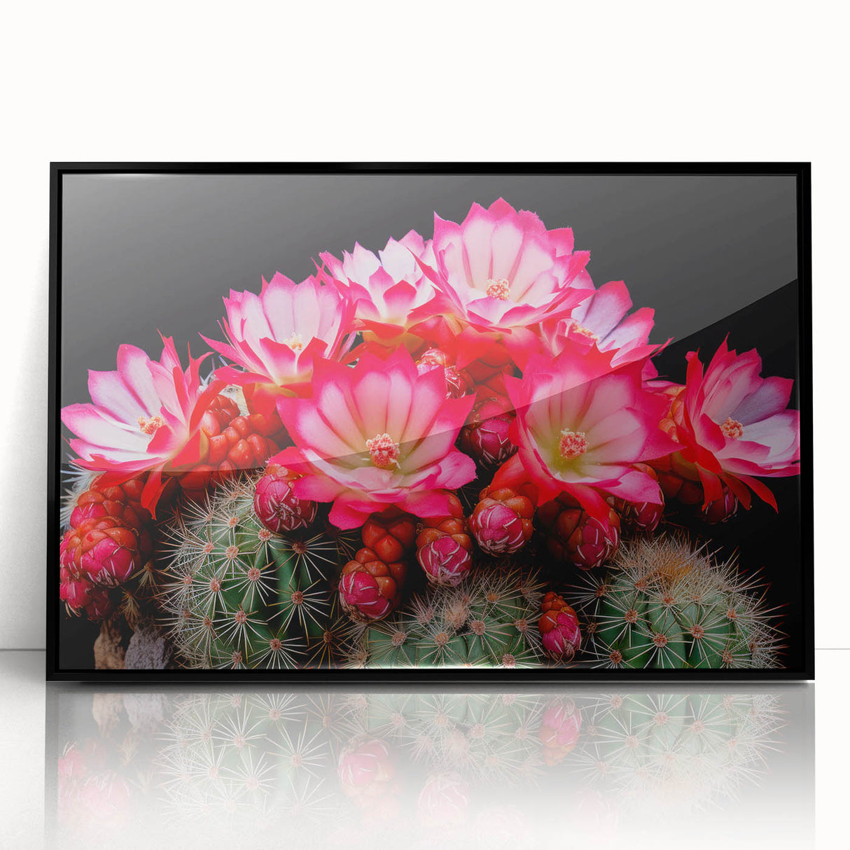 Framed wall art showcasing a botanical cactus design with vibrant colors, black frame, and acrylic finish, perfect for modern home decor. Ideal for plant lovers.