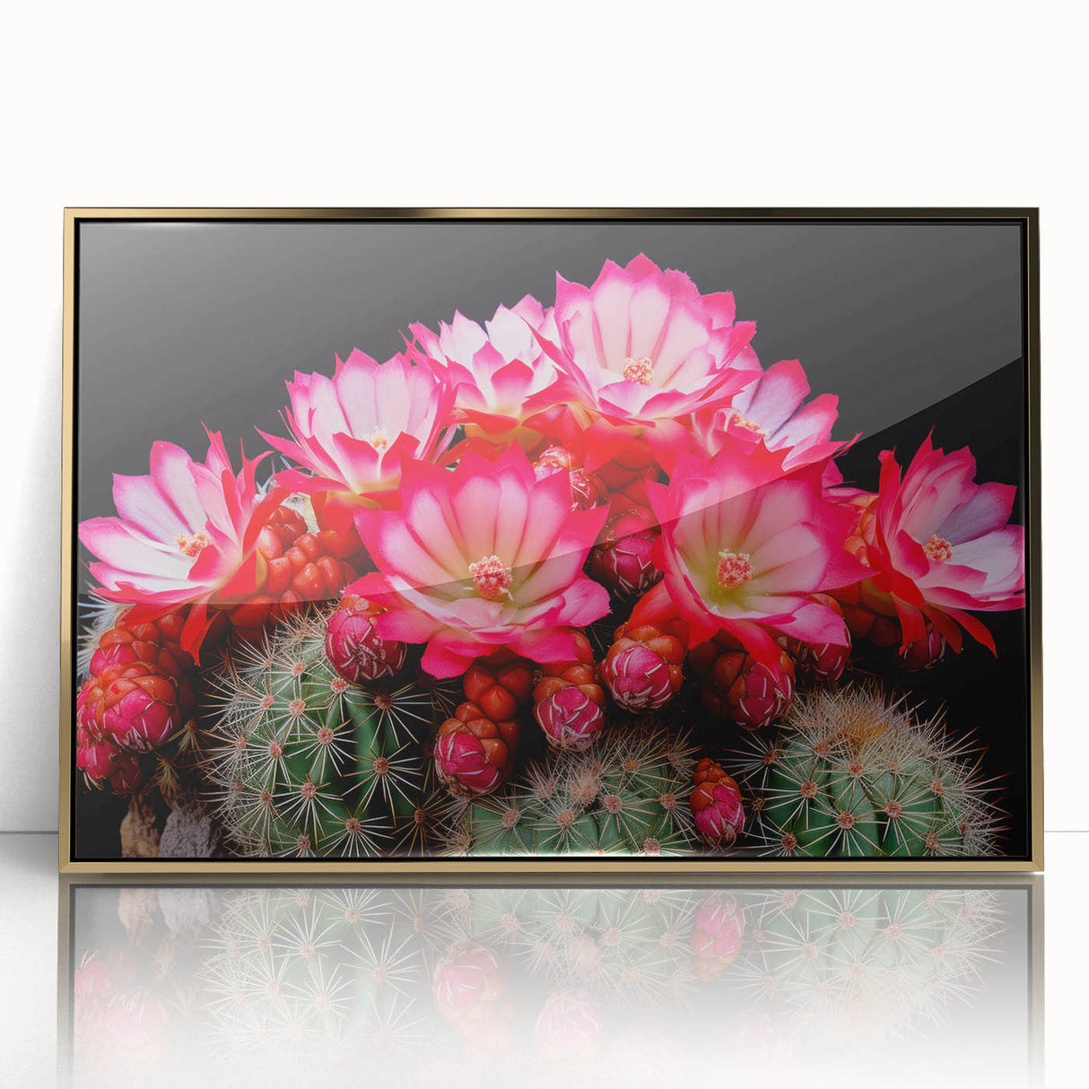Framed wall art featuring a botanical cactus design with a gold-acrylic finish, ideal for modern home decor, showcasing vibrant green hues and intricate details.
