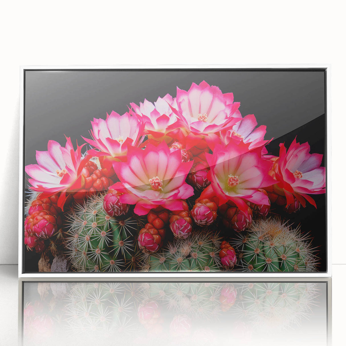 Framed botanical wall art featuring a vibrant cactus design, with a white frame and acrylic front, perfect for modern home decor, adding a touch of nature.