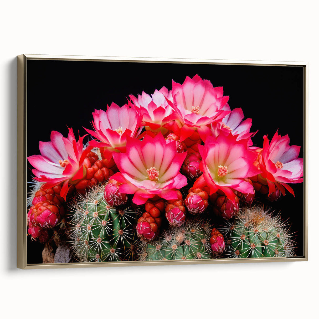 Framed wall art featuring a botanical design with vibrant flowers and a stylish cactus, elegantly displayed against a gold border, adding a touch of sophistication to any decor.