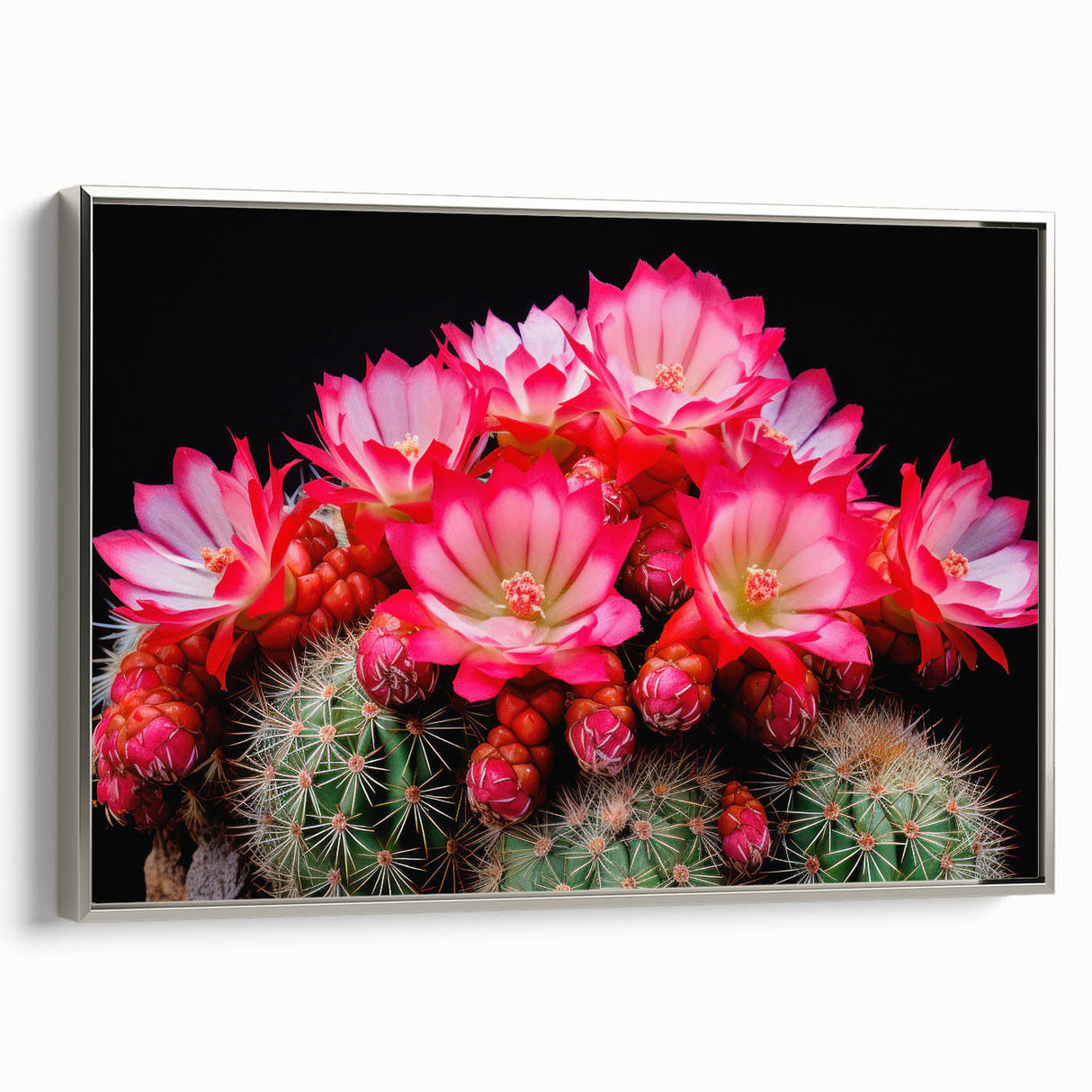 Framed wall art showcasing a botanical cactus design, featuring vibrant green hues and intricate details, elegantly presented with a silver frame, perfect for modern decor.