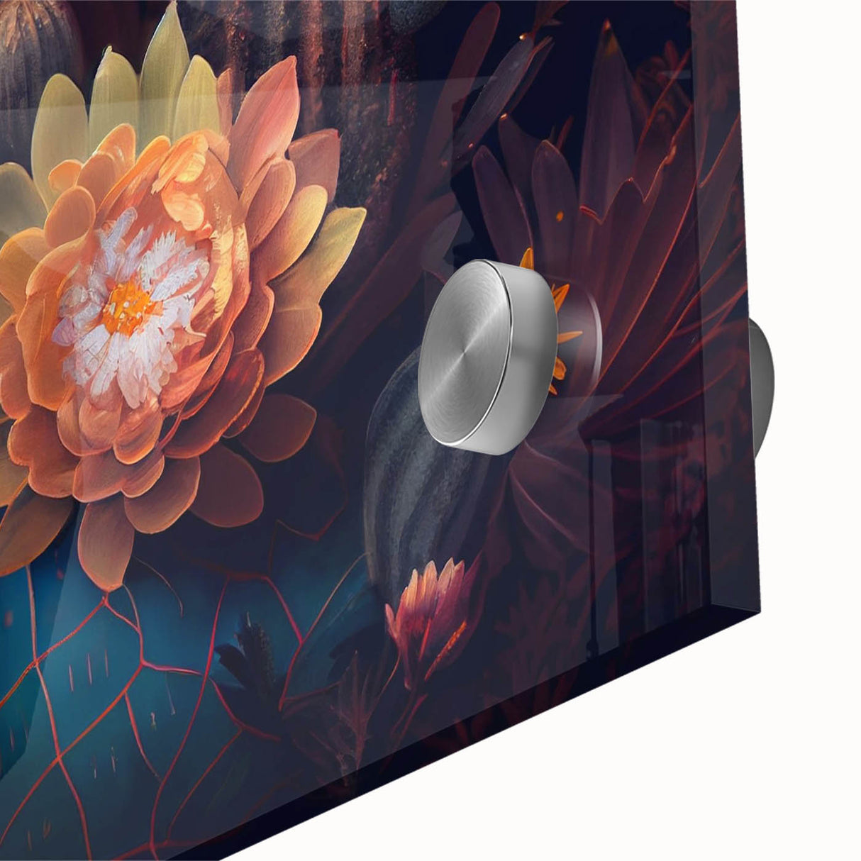Close-up of a vibrant botanical wall art design featuring colorful cacti and flowers, printed on high-quality acrylic glass, ideal for modern home decor.