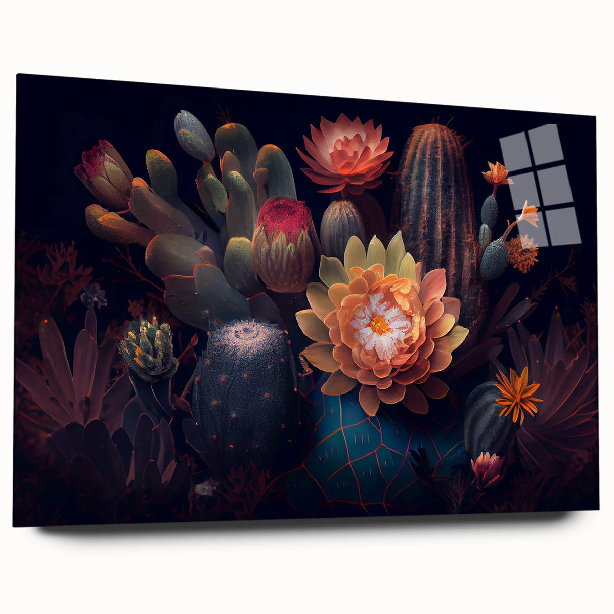 Acrylic glass wall art featuring a botanical cactus design with vibrant green hues and intricate details, showcasing a side view without pins, perfect for modern decor.