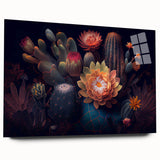 Acrylic glass wall art featuring a botanical cactus design with vibrant green hues and intricate details, showcasing a side view without pins, perfect for modern decor.