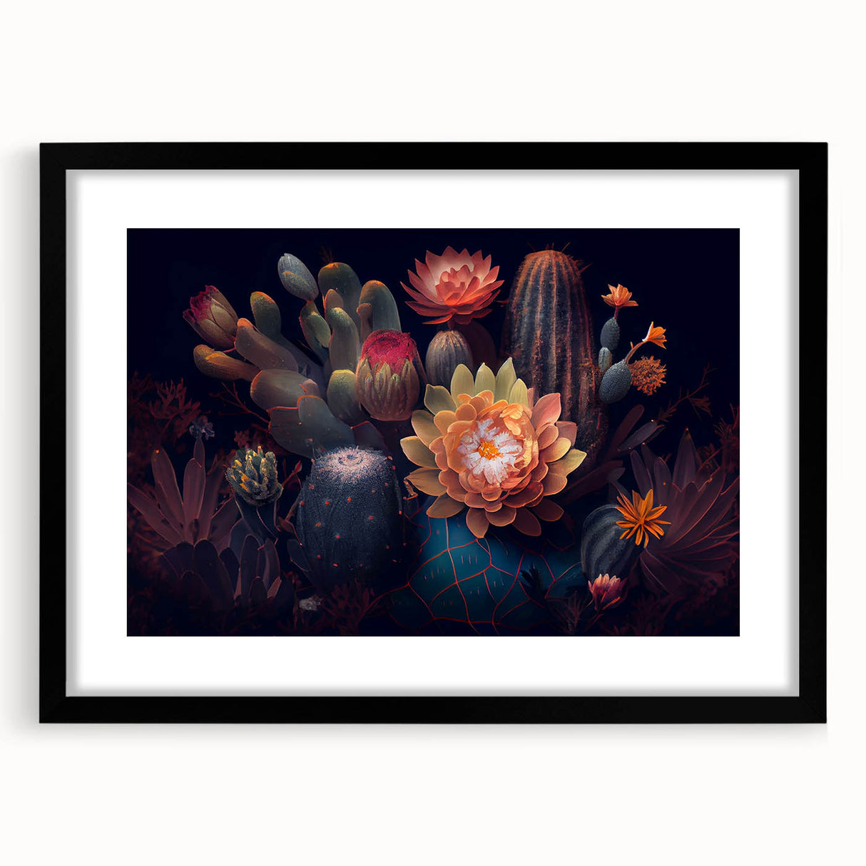 Botanical wall art featuring a stylish cactus design in a black frame with a mat, perfect for modern home decor and enhancing indoor plant aesthetics.