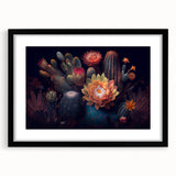 Botanical wall art featuring a stylish cactus design in a black frame with a mat, perfect for modern home decor and enhancing indoor plant aesthetics.
