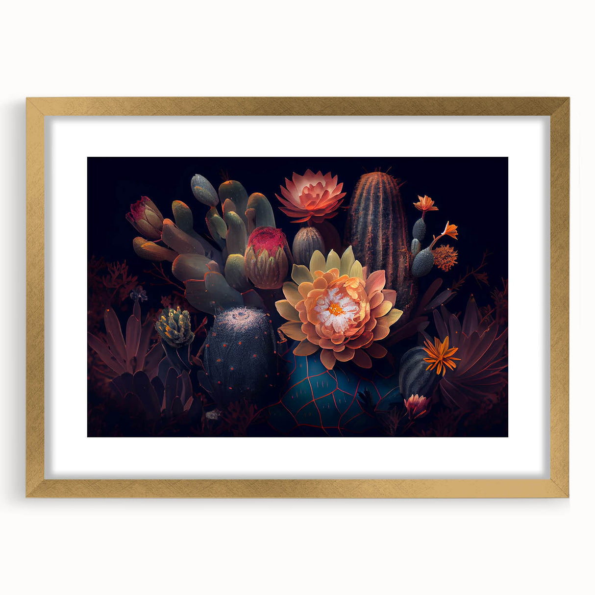 Botanical cactus design framed wall art collection with a gold mat, showcasing vibrant colors and intricate details, perfect for modern home decor.
