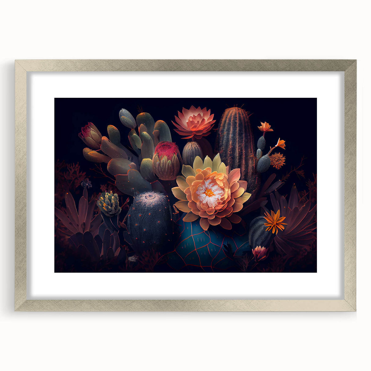 Botanical wall art featuring a detailed cactus design in a silver frame with a mat, ideal for modern decor. Showcasing vibrant colors and intricate details, this piece enhances any interior space.