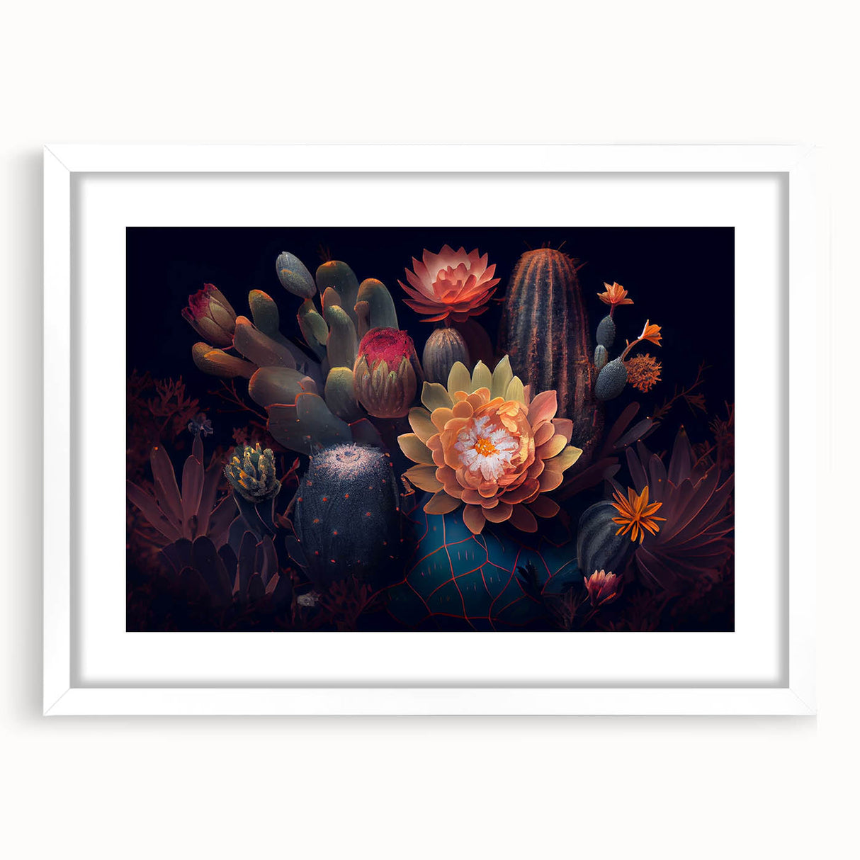 Botanical cactus wall art print featuring vibrant floral illustrations in a white frame with a mat, ideal for home decor and nature-themed interiors.