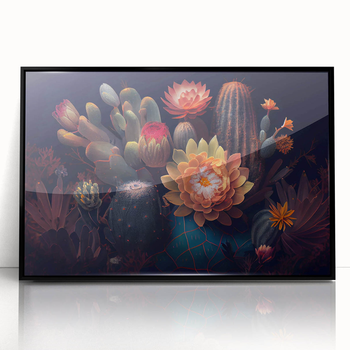 Framed acrylic wall art featuring a botanical cactus design, showcasing vibrant green hues and intricate details, perfect for modern decor enthusiasts.
