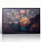 Framed acrylic wall art featuring a botanical cactus design, showcasing vibrant green hues and intricate details, perfect for modern decor enthusiasts.