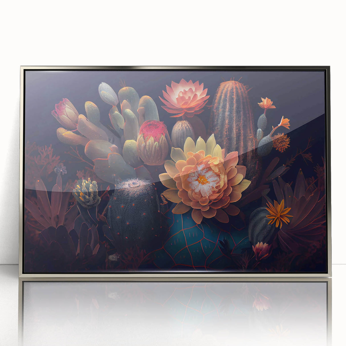 Framed acrylic wall art featuring a botanical cactus design with vibrant green hues, silver frame, and elegant aesthetic, perfect for modern decor.