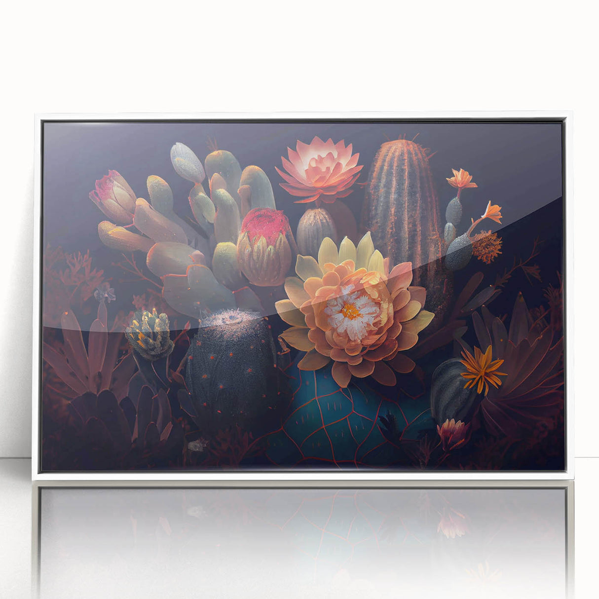 Framed wall art featuring a botanical cactus design on a white background, showcasing intricate details and vibrant colors, perfect for modern home decor.