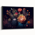 Framed wall art showcasing a vibrant botanical cactus design on black canvas, perfect for modern home decor, highlighting intricate details and textures.