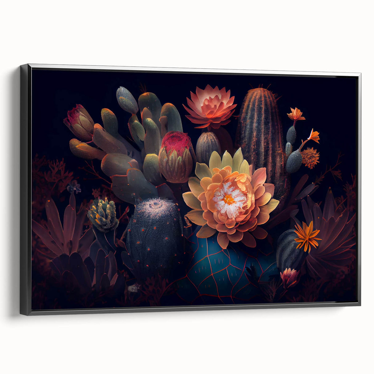 Framed wall art showcasing a vibrant botanical cactus design on black canvas, perfect for modern home decor, highlighting intricate details and textures.