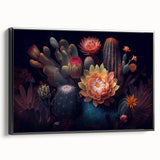 Framed wall art showcasing a vibrant botanical cactus design on black canvas, perfect for modern home decor, highlighting intricate details and textures.