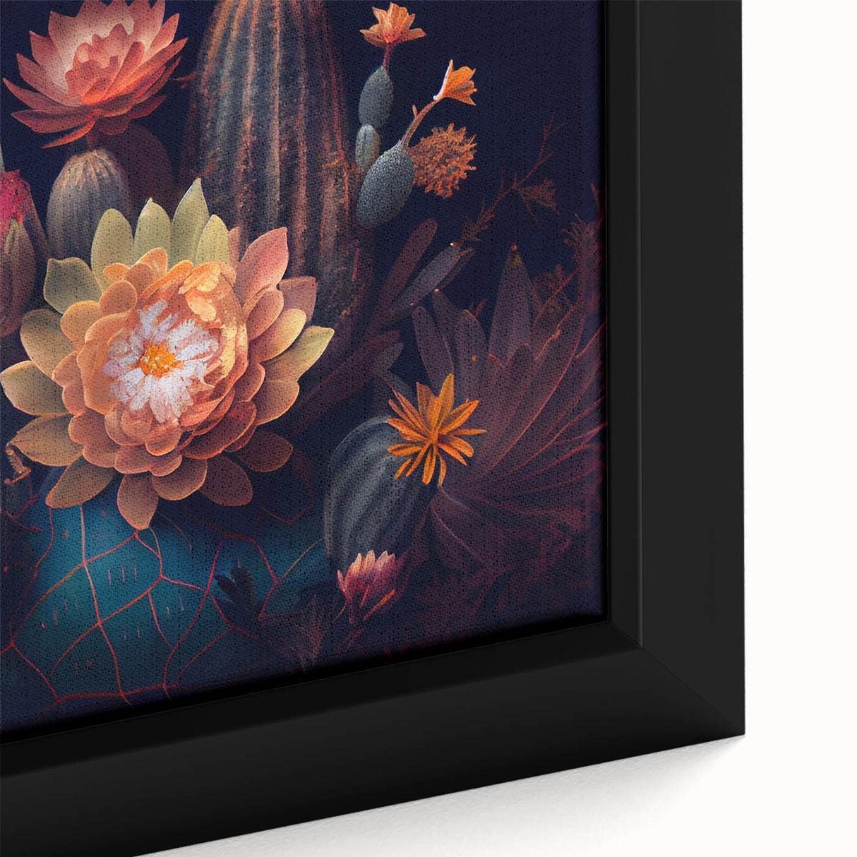 Close-up of a framed botanical wall art design featuring vibrant cacti and floral elements, showcasing intricate details and textures, perfect for home decor.