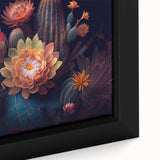 Close-up of a framed botanical wall art design featuring vibrant cacti and floral elements, showcasing intricate details and textures, perfect for home decor.
