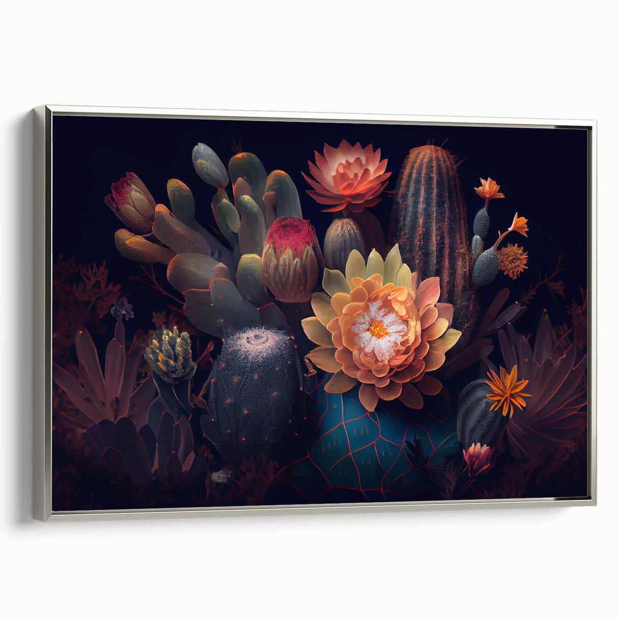 Framed wall art showcasing a botanical cactus design, featuring intricate details and a sleek silver frame, perfect for enhancing modern home decor.