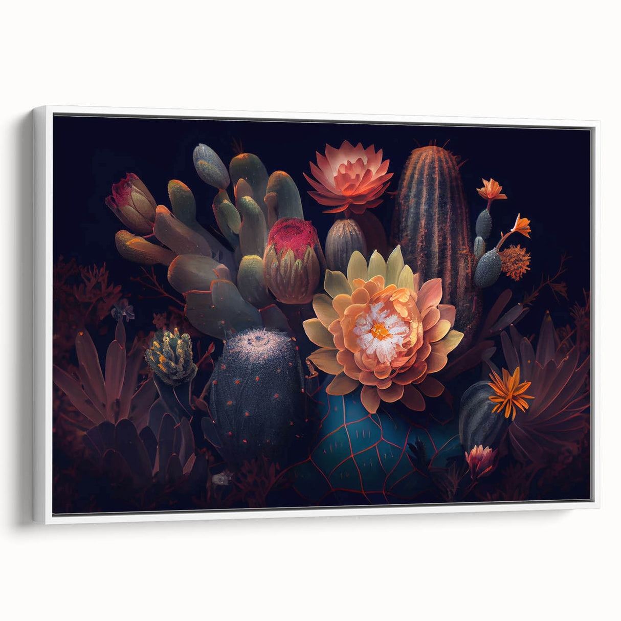 Framed wall art featuring a botanical cactus design on a white background, showcasing intricate details and vibrant colors, perfect for home decor enthusiasts.