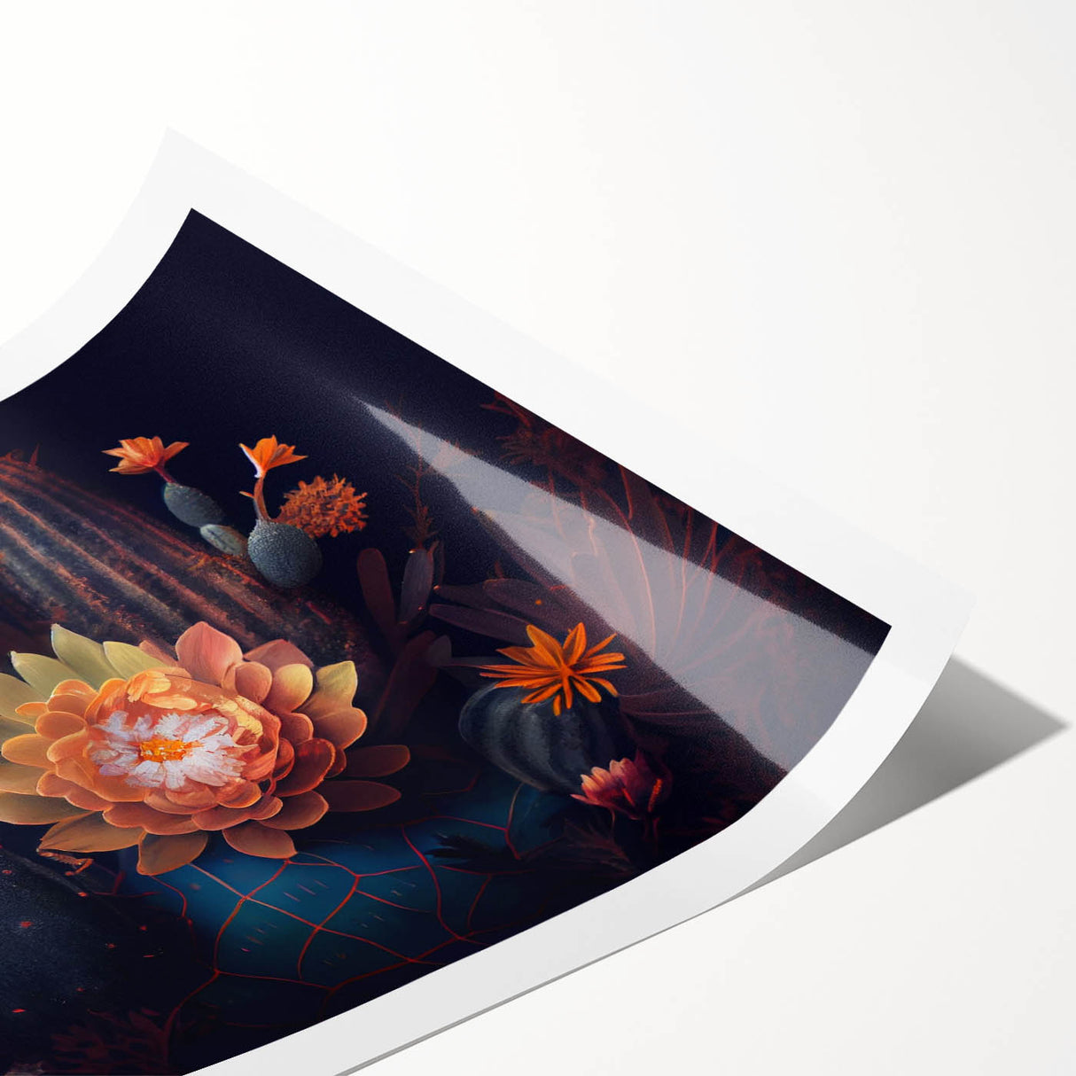 Botanical wall art print showcasing a vibrant cactus design with intricate details, rolled for easy display and shipping in a protective cardboard tube.