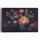 Botanical cactus wall art design printed on stretched canvas, showcasing vibrant green cacti against a neutral backdrop, perfect for modern home decor.