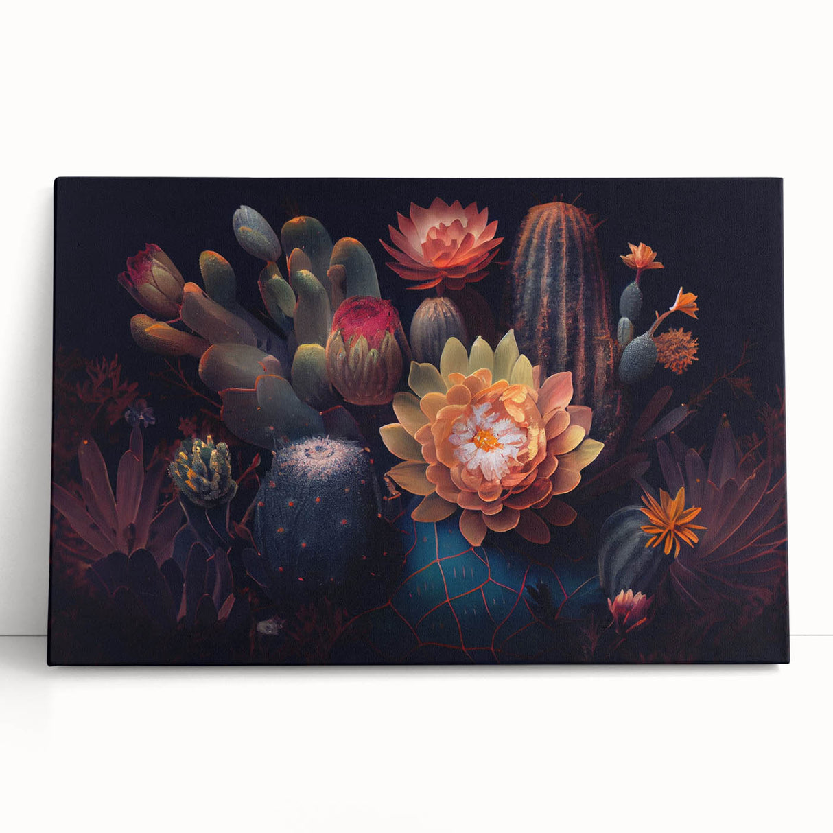 Botanical cactus wall art design on stretched canvas, showcasing vibrant green hues and intricate detailing, perfect for modern home decor or office space enhancement.