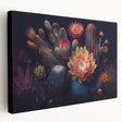Colorful botanical cactus wall art collection displayed on a stretched canvas, showcasing intricate details and textures, perfect for modern home decor.