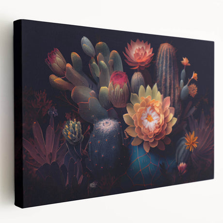 Colorful botanical cactus wall art collection displayed on a stretched canvas, showcasing intricate details and textures, perfect for modern home decor.