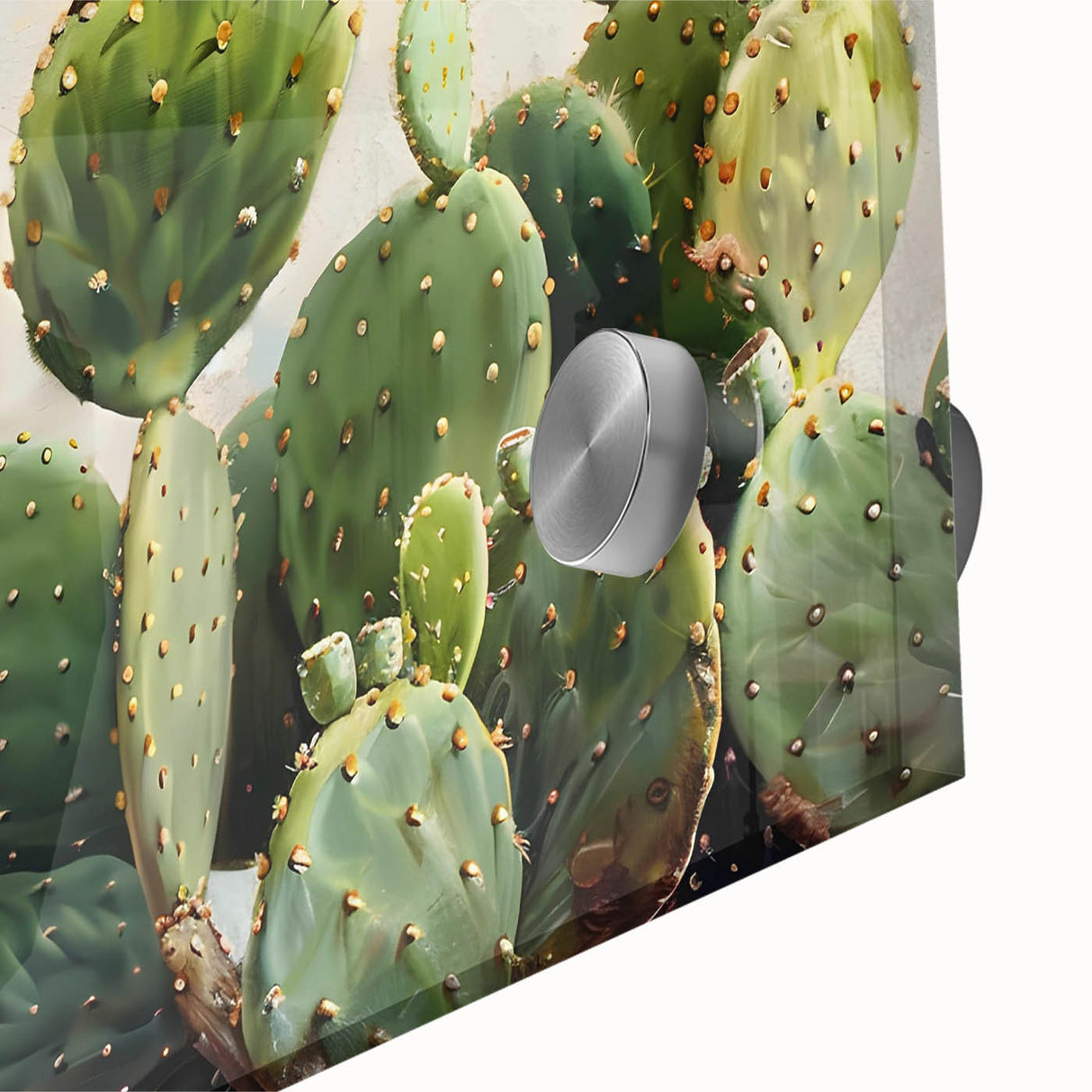 Close-up of a vibrant botanical wall art piece featuring a detailed cactus design, rendered on acrylic glass, showcasing intricate textures and colors that enhance any modern decor.