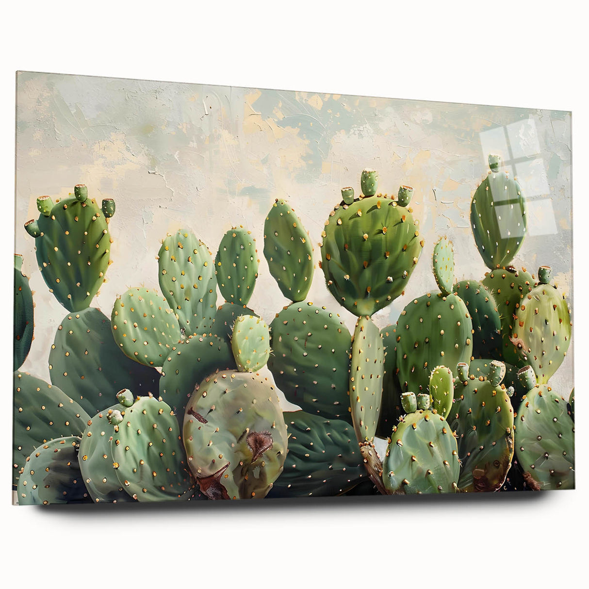 Side view of a botanical cactus wall art collection displayed on acrylic glass, showcasing vibrant green cactus designs against a sleek background, perfect for modern decor.