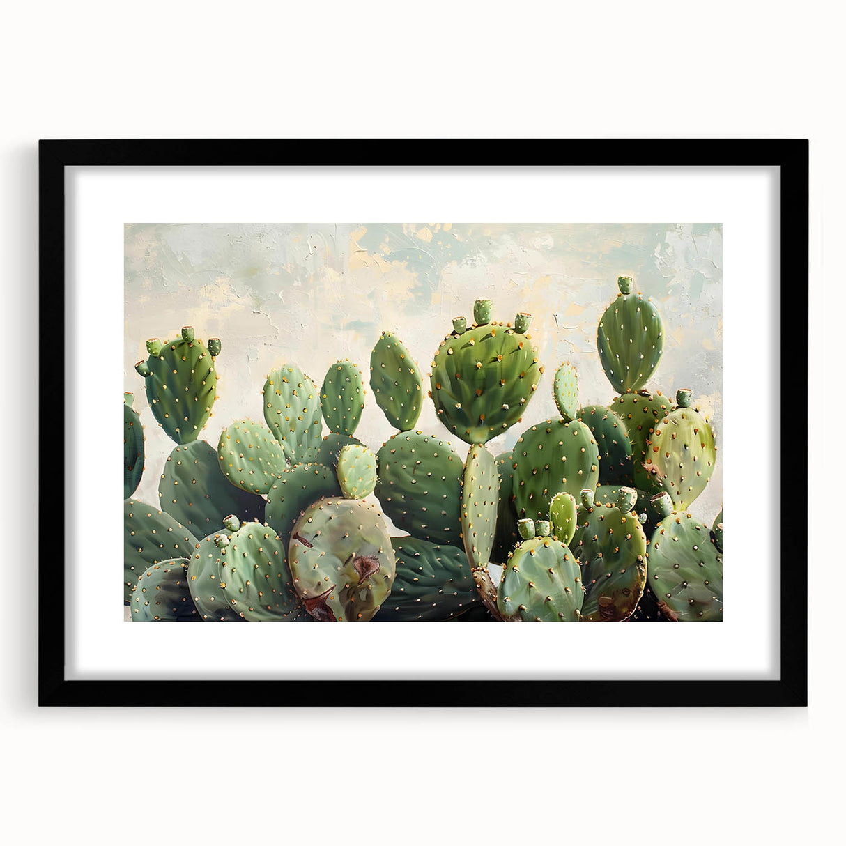 Botanical wall art featuring a vibrant cactus design in a sleek black frame with a mat, ideal for modern decor, showcasing intricate details and colors.