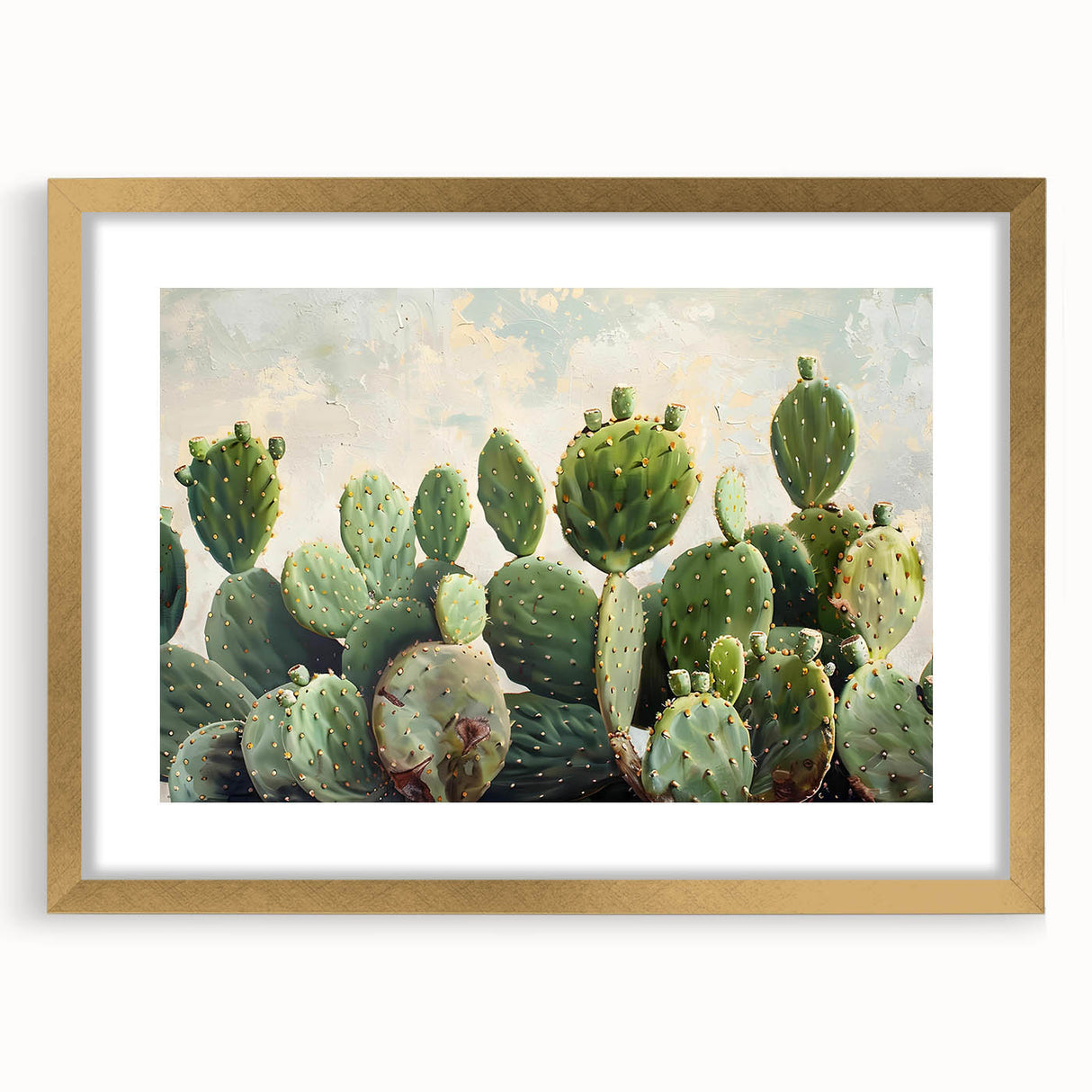 Botanical wall art featuring a vibrant cactus design in a gold frame with a mat, showcasing intricate details and a modern aesthetic for home decor.